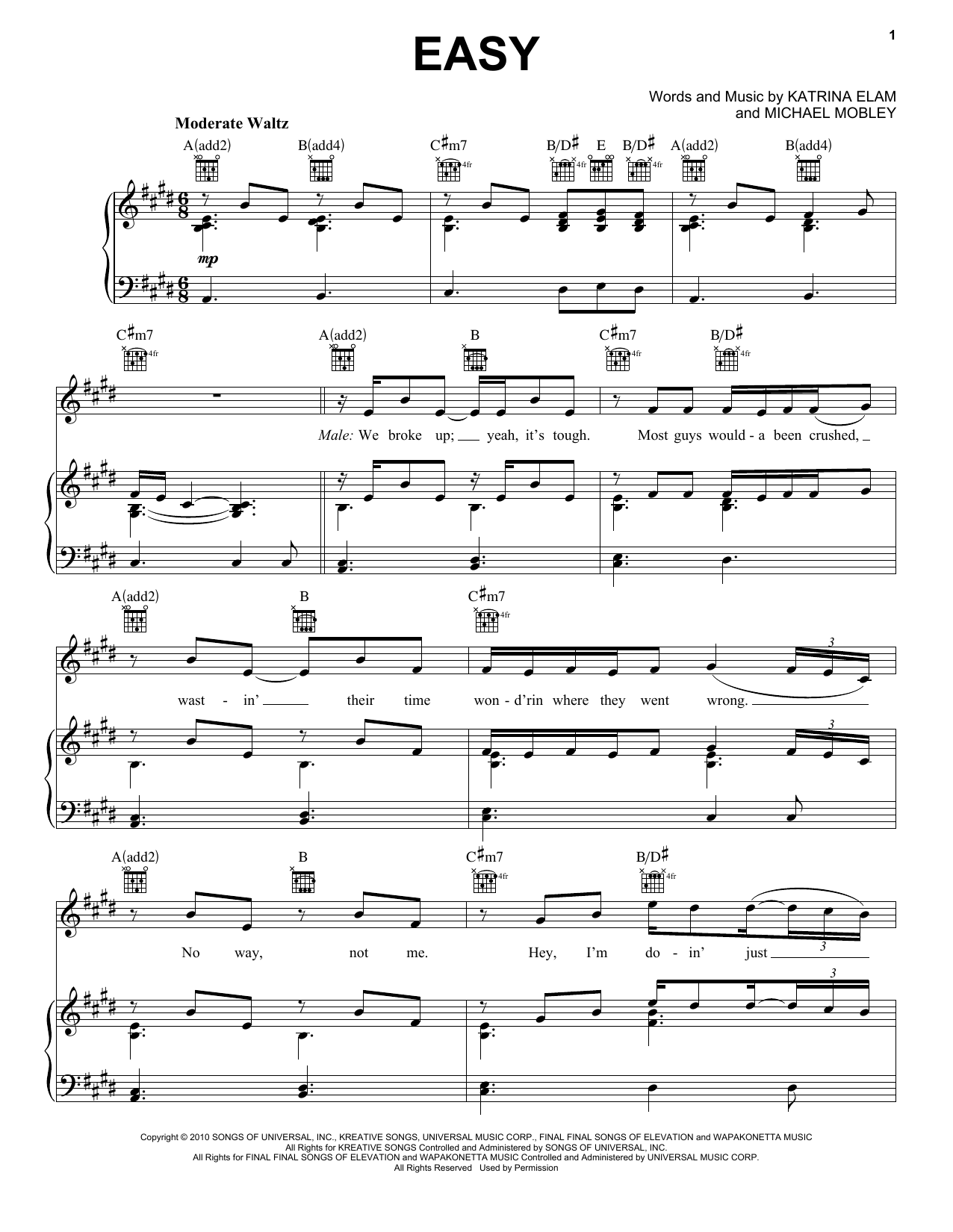 Rascal Flatts Easy (feat. Natasha Bedingfield) sheet music notes and chords arranged for Piano, Vocal & Guitar Chords (Right-Hand Melody)