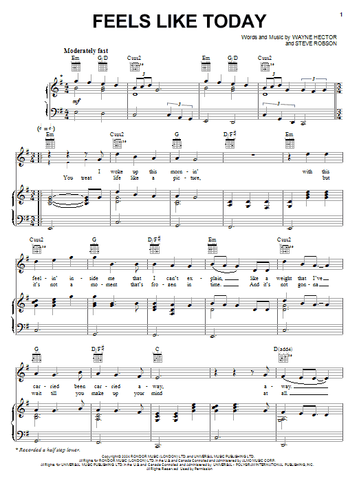 Learn to play Rascal Flatts Feels Like Today sheet music for Piano, Vocal & Guitar Chords (Right-Hand Melody) in minutes. Price: 7.8900$ Rascal Flatts Feels Like Today sheet music notes and chords arranged for Piano, Vocal & Guitar Chords (Right-Hand Melody)