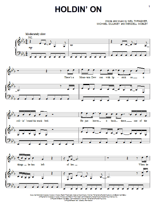 Learn to play Rascal Flatts Holdin' On sheet music for Piano, Vocal & Guitar Chords (Right-Hand Melody) in minutes. Price: 7.8900$ Rascal Flatts Holdin' On sheet music notes and chords arranged for Piano, Vocal & Guitar Chords (Right-Hand Melody)