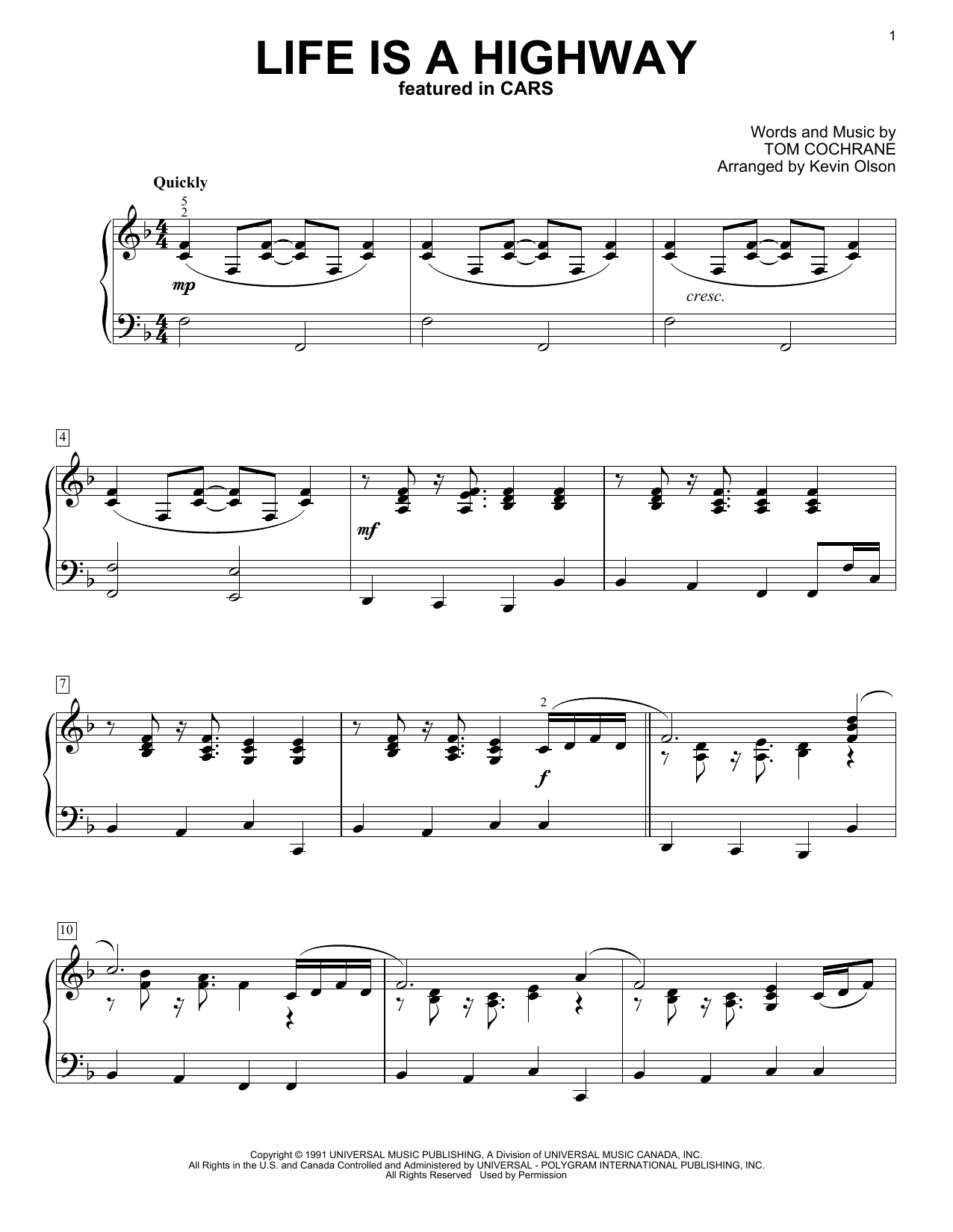 Rascal Flatts Life Is A Highway (from Cars) (arr. Kevin Olson) sheet music notes and chords. Download Printable PDF.