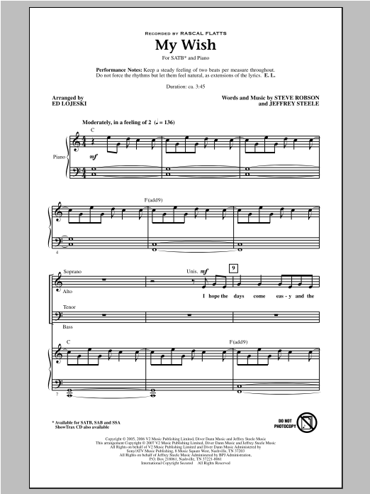 Rascal Flatts My Wish (arr. Ed Lojeski) sheet music notes and chords. Download Printable PDF.