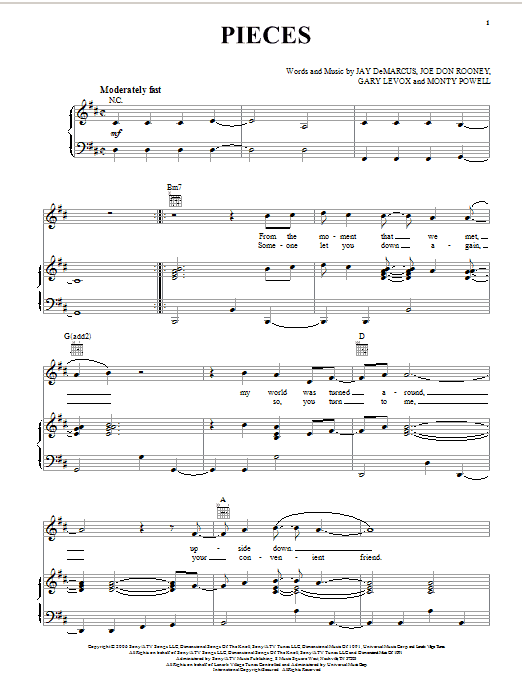 Learn to play Rascal Flatts Pieces sheet music for Piano, Vocal & Guitar Chords (Right-Hand Melody) in minutes. Price: 7.8900$ Rascal Flatts Pieces sheet music notes and chords arranged for Piano, Vocal & Guitar Chords (Right-Hand Melody)