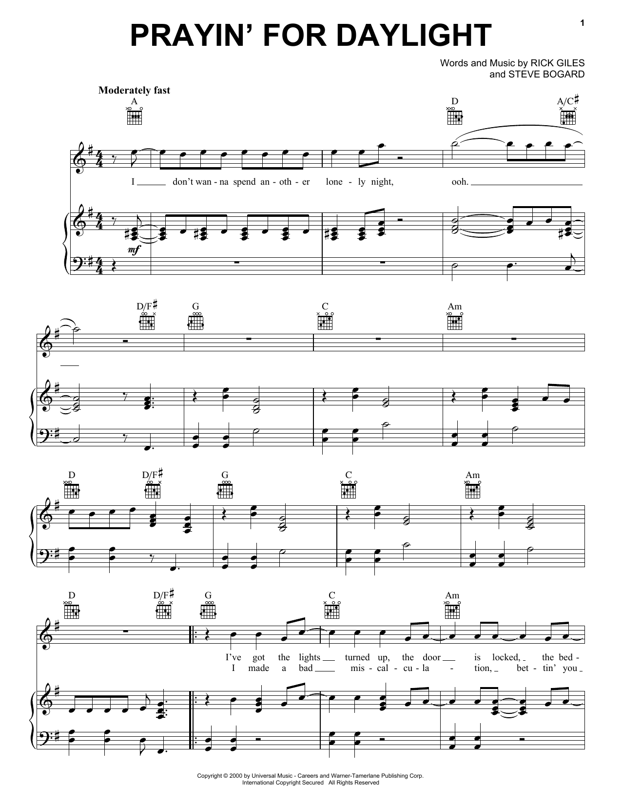 Learn to play Rascal Flatts Prayin' For Daylight sheet music for Piano, Vocal & Guitar Chords (Right-Hand Melody) in minutes. Price: 7.8900$ Rascal Flatts Prayin' For Daylight sheet music notes and chords arranged for Piano, Vocal & Guitar Chords (Right-Hand Melody)