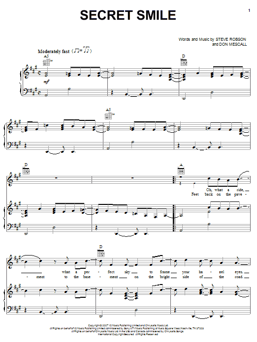Learn to play Rascal Flatts Secret Smile sheet music for Piano, Vocal & Guitar Chords (Right-Hand Melody) in minutes. Price: 7.8900$ Rascal Flatts Secret Smile sheet music notes and chords arranged for Piano, Vocal & Guitar Chords (Right-Hand Melody)