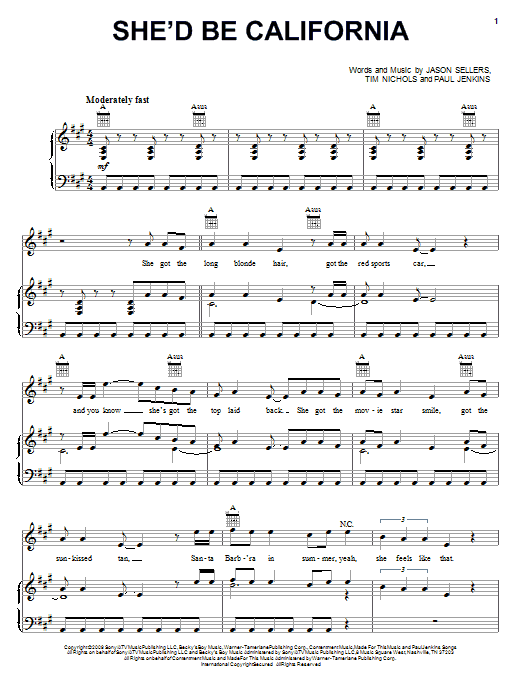 Learn to play Rascal Flatts She'd Be California sheet music for Piano, Vocal & Guitar Chords (Right-Hand Melody) in minutes. Price: 7.8900$ Rascal Flatts She'd Be California sheet music notes and chords arranged for Piano, Vocal & Guitar Chords (Right-Hand Melody)