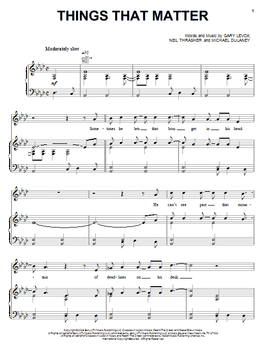 Learn to play Rascal Flatts Things That Matter sheet music for Piano, Vocal & Guitar Chords (Right-Hand Melody) in minutes. Price: 7.8900$ Rascal Flatts Things That Matter sheet music notes and chords arranged for Piano, Vocal & Guitar Chords (Right-Hand Melody)