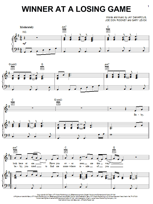 Learn to play Rascal Flatts Winner At A Losing Game sheet music for Piano, Vocal & Guitar Chords (Right-Hand Melody) in minutes. Price: 7.8900$ Rascal Flatts Winner At A Losing Game sheet music notes and chords arranged for Piano, Vocal & Guitar Chords (Right-Hand Melody)
