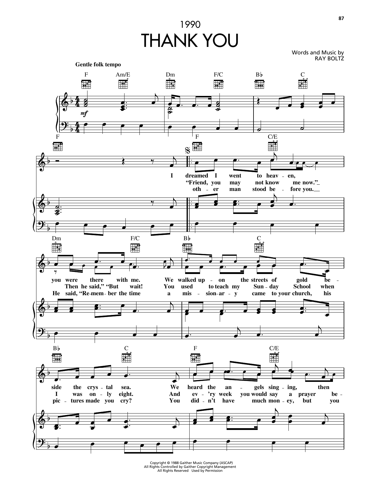 Ray Boltz Thank You sheet music notes and chords. Download Printable PDF.