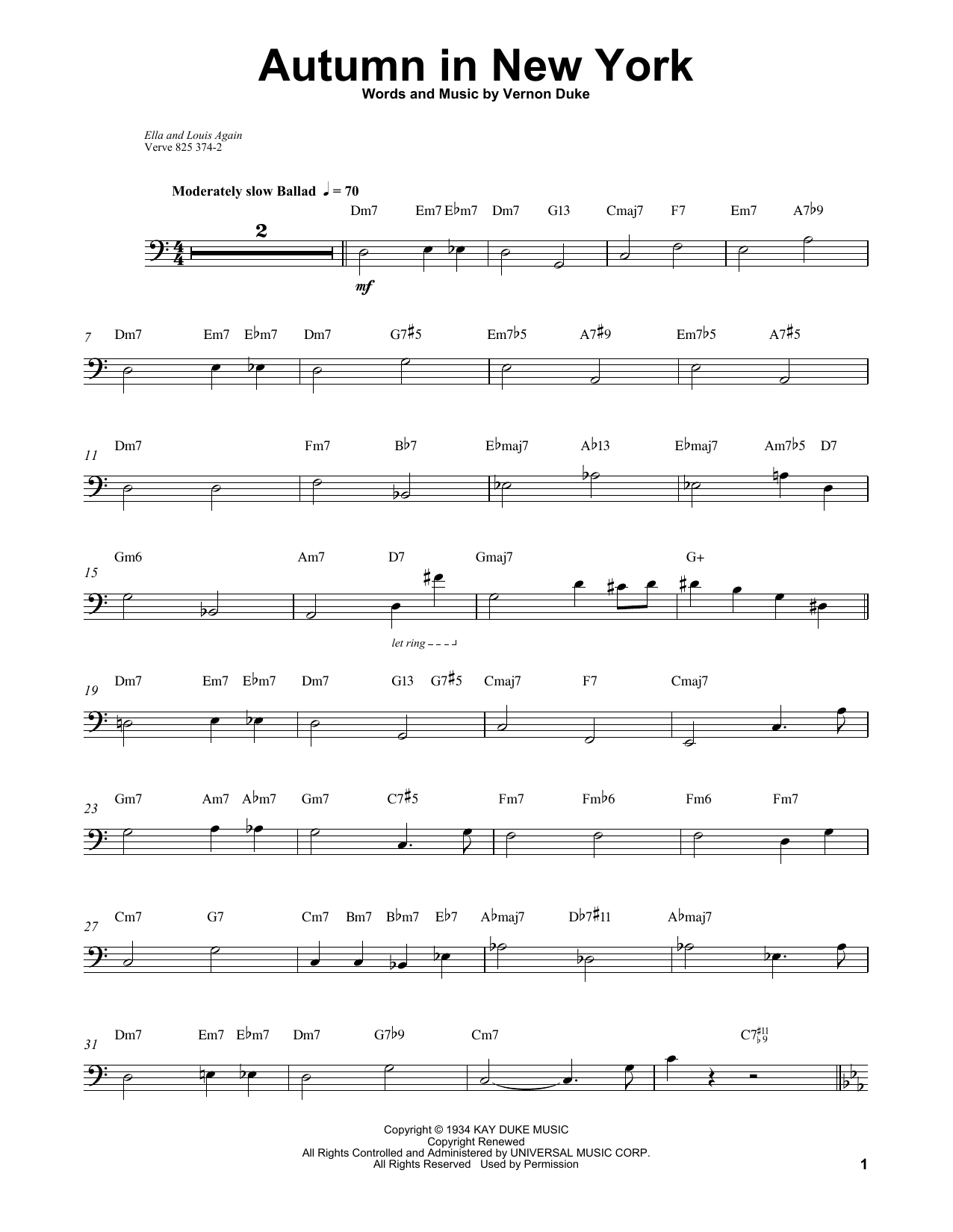 Ray Brown Autumn In New York sheet music notes and chords. Download Printable PDF.