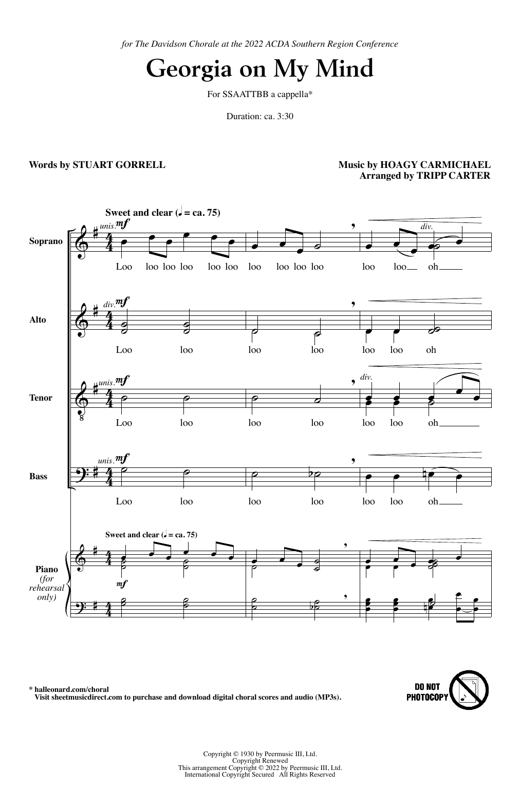 Ray Charles Georgia On My Mind (arr. Tripp Carter) sheet music notes and chords. Download Printable PDF.