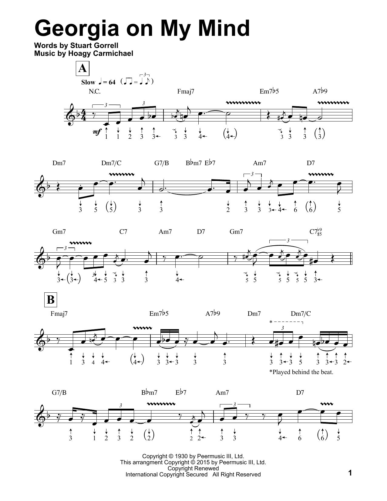 Ray Charles Georgia On My Mind (arr. Will Galison) sheet music notes and chords. Download Printable PDF.