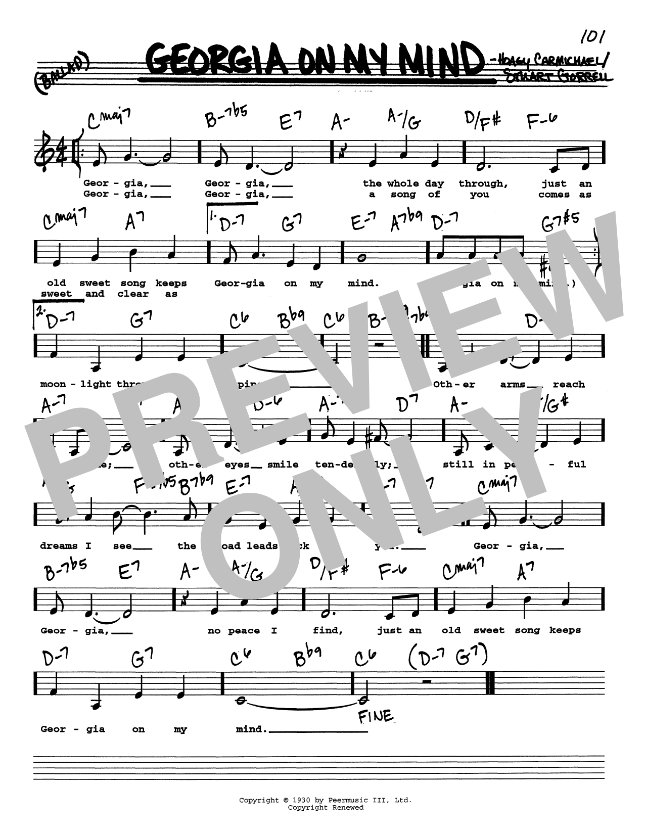 Ray Charles Georgia On My Mind (Low Voice) sheet music notes and chords. Download Printable PDF.