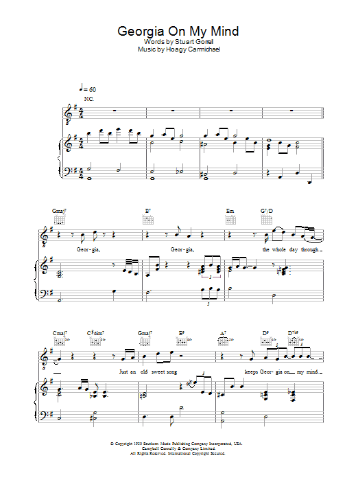 Ray Charles Georgia On My Mind sheet music notes and chords. Download Printable PDF.