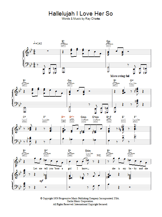 Ray Charles Hallelujah, I Love Her So sheet music notes and chords. Download Printable PDF.