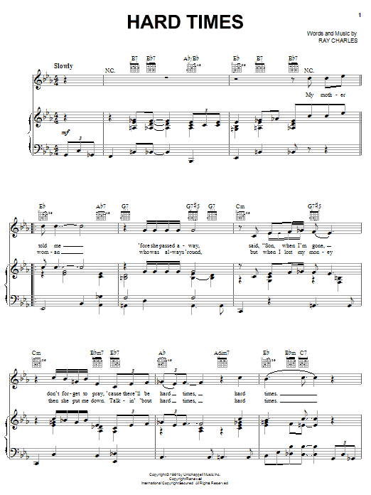 Ray Charles Hard Times sheet music notes and chords arranged for Piano, Vocal & Guitar Chords