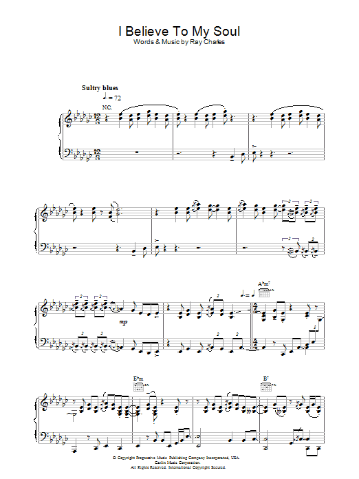 Ray Charles I Believe To My Soul sheet music notes and chords. Download Printable PDF.