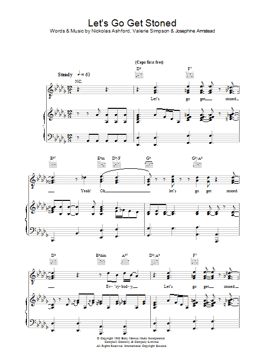 Learn to play Ray Charles Let's Go Get Stoned sheet music for Piano, Vocal & Guitar Chords in minutes. Price: 7.8900$ Ray Charles Let's Go Get Stoned sheet music notes and chords arranged for Piano, Vocal & Guitar Chords