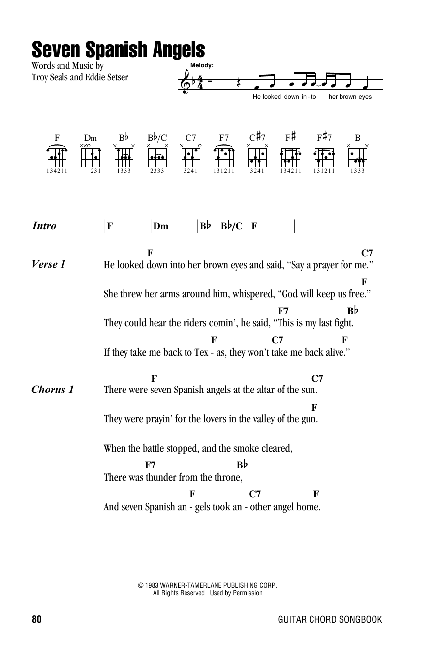 Willie Nelson Seven Spanish Angels sheet music notes and chords. Download Printable PDF.