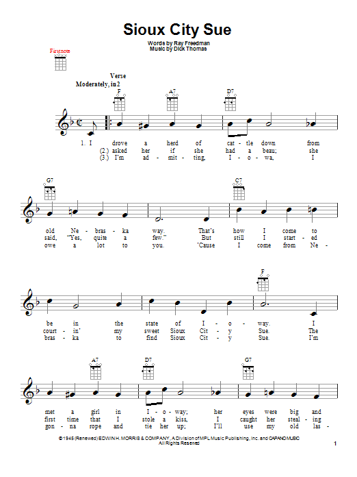 Ray Freedman Sioux City Sue sheet music notes and chords. Download Printable PDF.