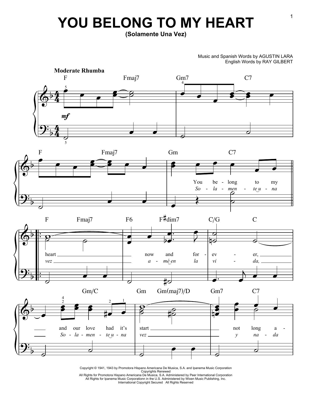 Ray Gilbert You Belong To My Heart (Solamente Una Vez) sheet music notes and chords. Download Printable PDF.