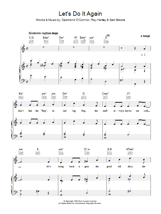 Learn to play Ray Hartley Let's Do It Again sheet music for Piano, Vocal & Guitar Chords in minutes. Price: 7.8900$ Ray Hartley Let's Do It Again sheet music notes and chords arranged for Piano, Vocal & Guitar Chords