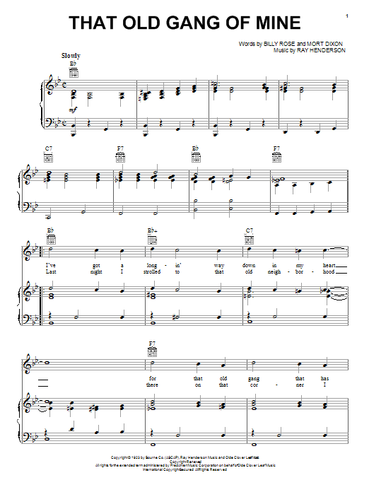 Learn to play Ray Henderson That Old Gang Of Mine sheet music for Piano, Vocal & Guitar Chords (Right-Hand Melody) in minutes. Price: 7.8900$ Ray Henderson That Old Gang Of Mine sheet music notes and chords arranged for Piano, Vocal & Guitar Chords (Right-Hand Melody)