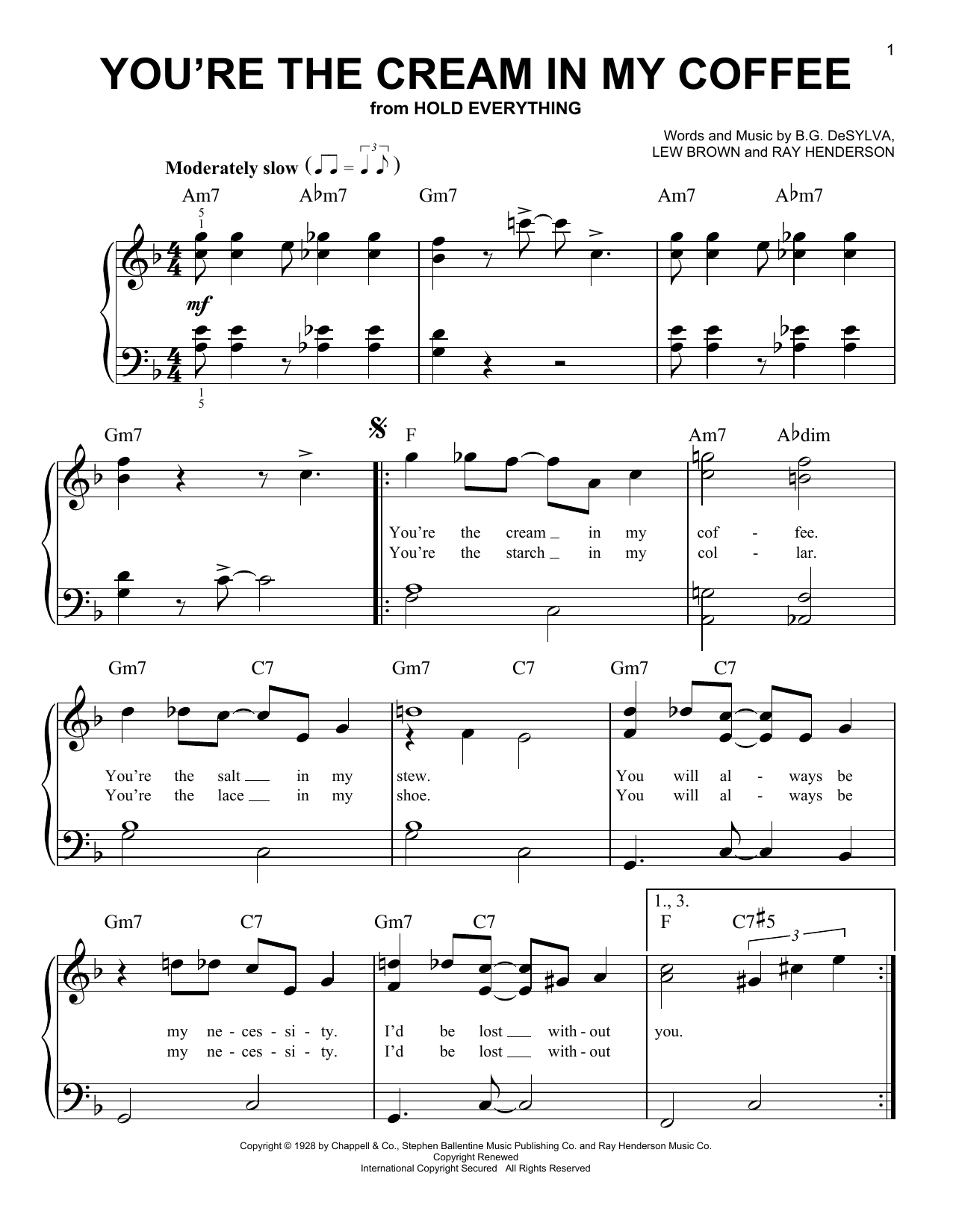 Ray Henderson You're The Cream In My Coffee sheet music notes and chords. Download Printable PDF.