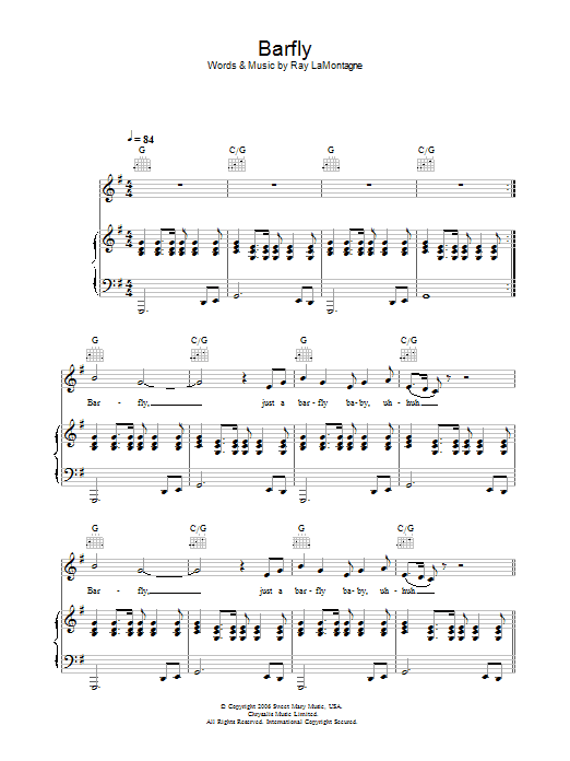 Learn to play Ray LaMontagne Barfly sheet music for Piano, Vocal & Guitar Chords in minutes. Price: 7.8900$ Ray LaMontagne Barfly sheet music notes and chords arranged for Piano, Vocal & Guitar Chords