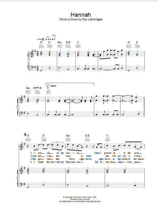 Learn to play Ray LaMontagne Hannah sheet music for Guitar Tab in minutes. Price: 7.8900$ Ray LaMontagne Hannah sheet music notes and chords arranged for Guitar Tab