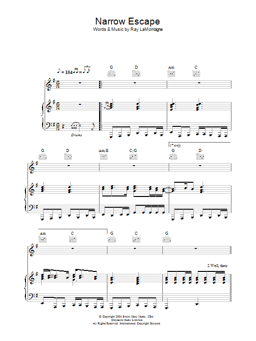 Learn to play Ray LaMontagne Narrow Escape sheet music for Piano, Vocal & Guitar Chords in minutes. Price: 7.8900$ Ray LaMontagne Narrow Escape sheet music notes and chords arranged for Piano, Vocal & Guitar Chords
