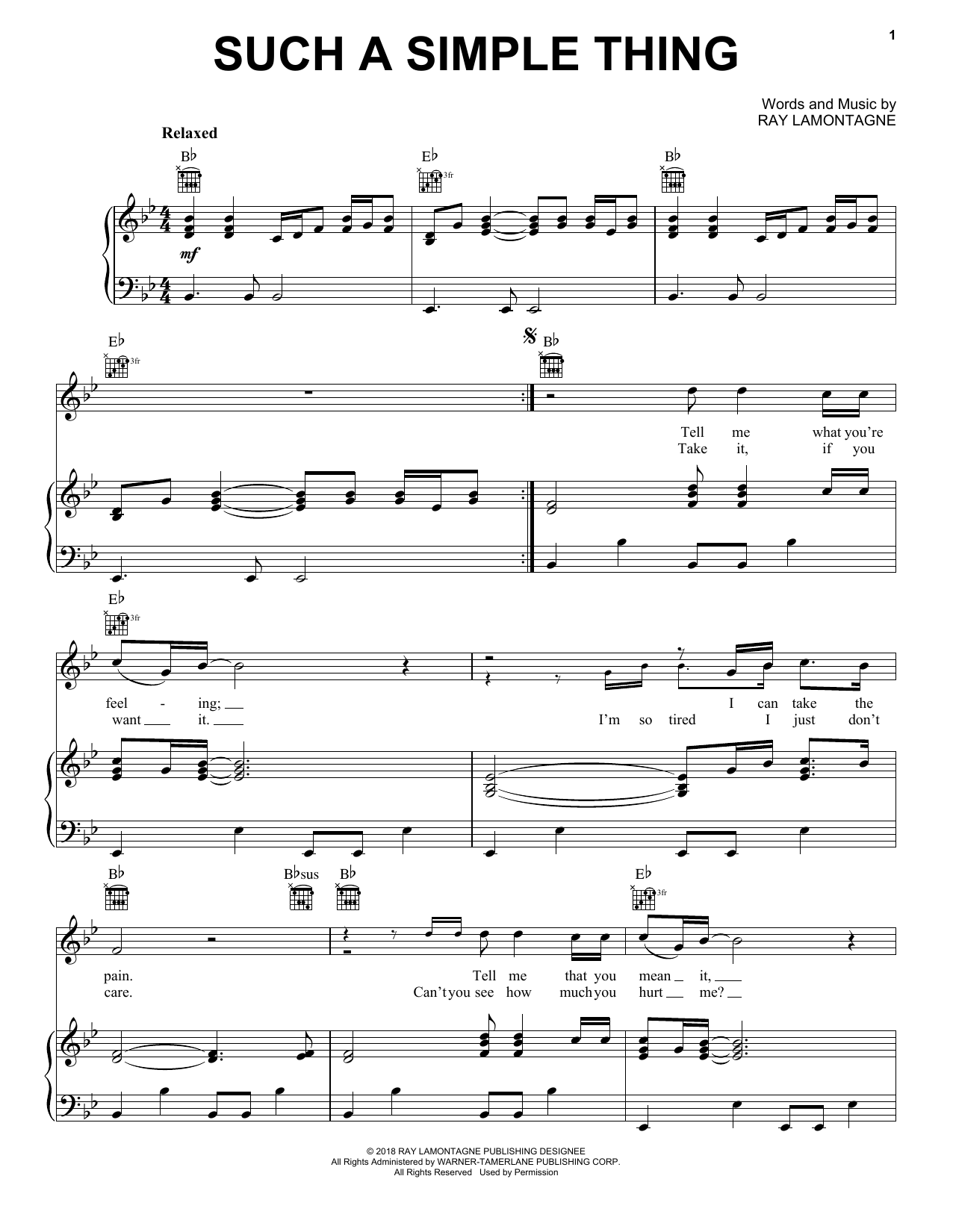 Learn to play Ray LaMontagne Such A Simple Thing sheet music for Piano, Vocal & Guitar Chords (Right-Hand Melody) in minutes. Price: 7.8900$ Ray LaMontagne Such A Simple Thing sheet music notes and chords arranged for Piano, Vocal & Guitar Chords (Right-Hand Melody)