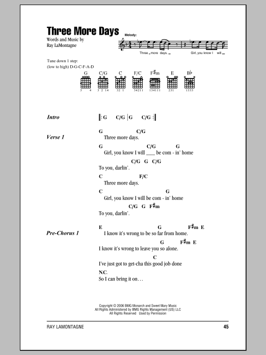 Ray LaMontagne Three More Days sheet music notes and chords arranged for Guitar Chords/Lyrics