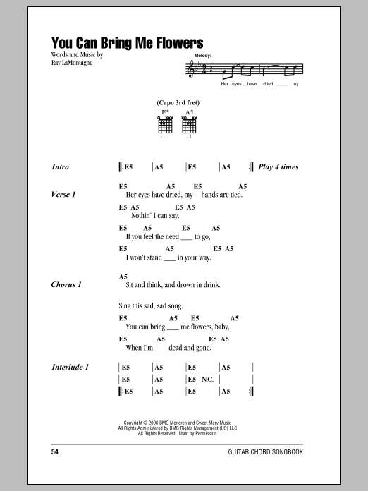 Ray LaMontagne You Can Bring Me Flowers sheet music notes and chords arranged for Piano, Vocal & Guitar Chords