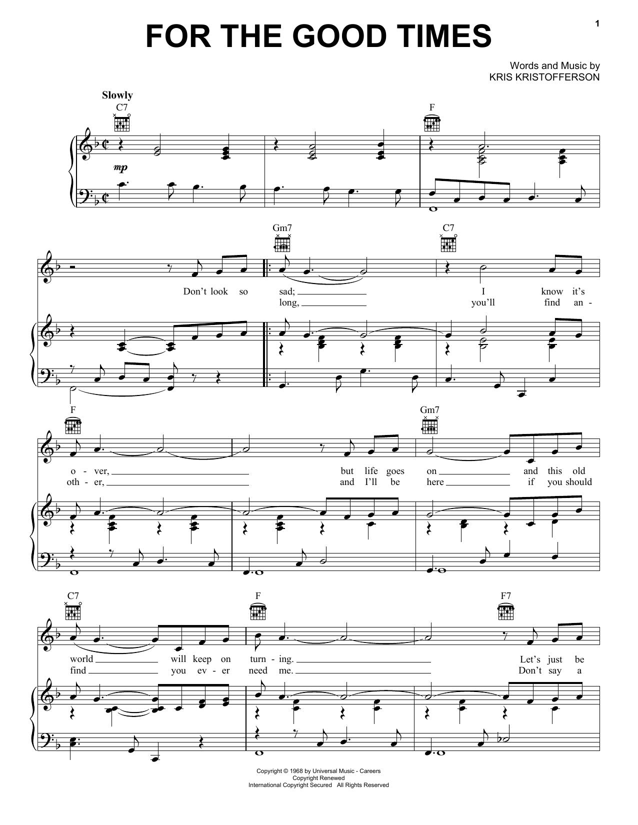 Ray Price For The Good Times sheet music notes and chords. Download Printable PDF.