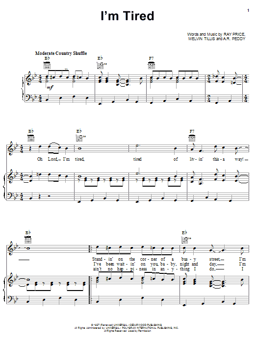 Learn to play Ray Price I'm Tired sheet music for Piano, Vocal & Guitar Chords (Right-Hand Melody) in minutes. Price: 7.8900$ Ray Price I'm Tired sheet music notes and chords arranged for Piano, Vocal & Guitar Chords (Right-Hand Melody)