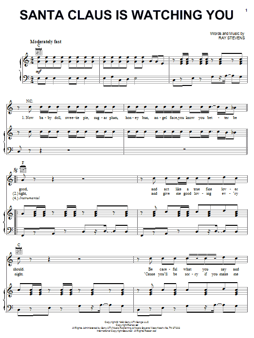 Learn to play Ray Stevens Santa Claus Is Watching You sheet music for Piano, Vocal & Guitar Chords (Right-Hand Melody) in minutes. Price: 7.8900$ Ray Stevens Santa Claus Is Watching You sheet music notes and chords arranged for Piano, Vocal & Guitar Chords (Right-Hand Melody)