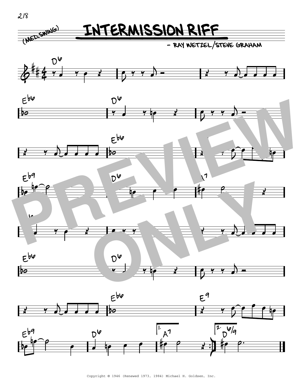 Ray Wetzel Intermission Riff sheet music notes and chords arranged for Real Book – Melody & Chords