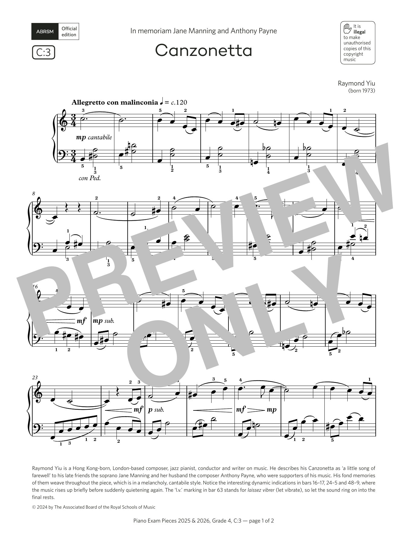 Raymond Yiu Canzonetta (Grade 4, list C3, from the ABRSM Piano Syllabus 2025 & 2026) sheet music notes and chords. Download Printable PDF.