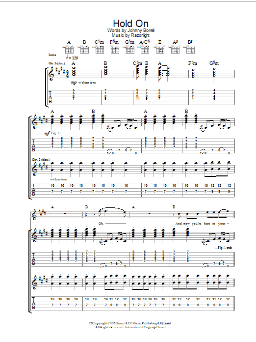 Learn to play Razorlight Hold On sheet music for Guitar Tab in minutes. Price: 7.8900$ Razorlight Hold On sheet music notes and chords arranged for Guitar Tab
