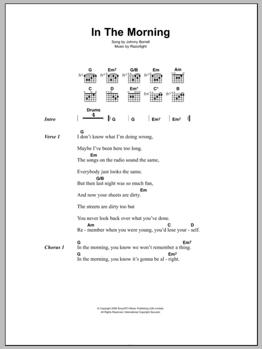 Razorlight In The Morning sheet music notes and chords. Download Printable PDF.