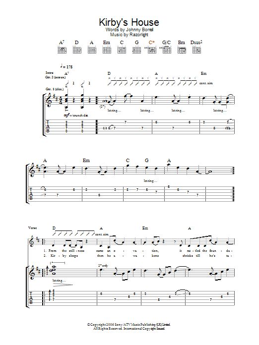 Learn to play Razorlight Kirby's House sheet music for Guitar Tab in minutes. Price: 7.8900$ Razorlight Kirby's House sheet music notes and chords arranged for Guitar Tab