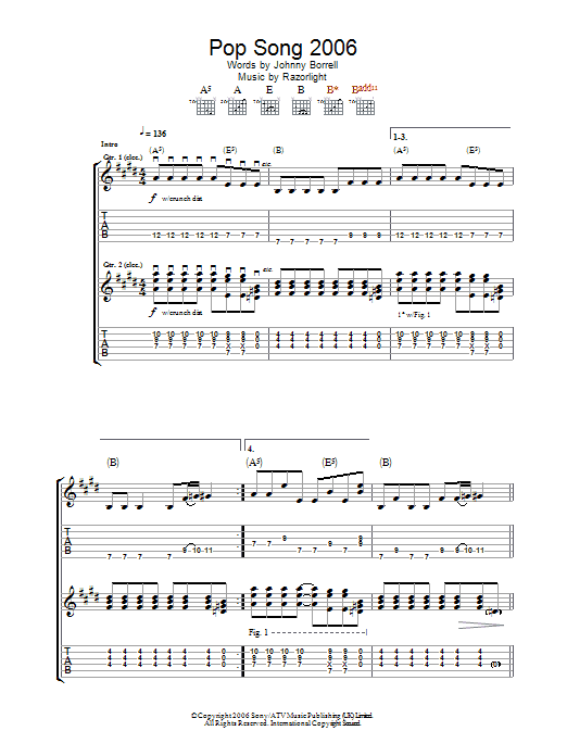 Learn to play Razorlight Pop Song 2006 sheet music for Guitar Tab in minutes. Price: 7.8900$ Razorlight Pop Song 2006 sheet music notes and chords arranged for Guitar Tab