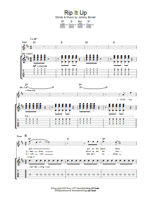 Learn to play Razorlight Rip It Up sheet music for Guitar Tab in minutes. Price: 7.8900$ Razorlight Rip It Up sheet music notes and chords arranged for Guitar Tab