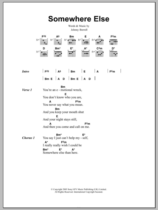 Razorlight Somewhere Else sheet music notes and chords arranged for Guitar Chords/Lyrics