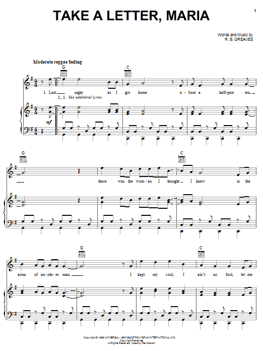 Learn to play R.B. Greaves Take A Letter, Maria sheet music for Piano, Vocal & Guitar Chords (Right-Hand Melody) in minutes. Price: 7.8900$ R.B. Greaves Take A Letter, Maria sheet music notes and chords arranged for Piano, Vocal & Guitar Chords (Right-Hand Melody)