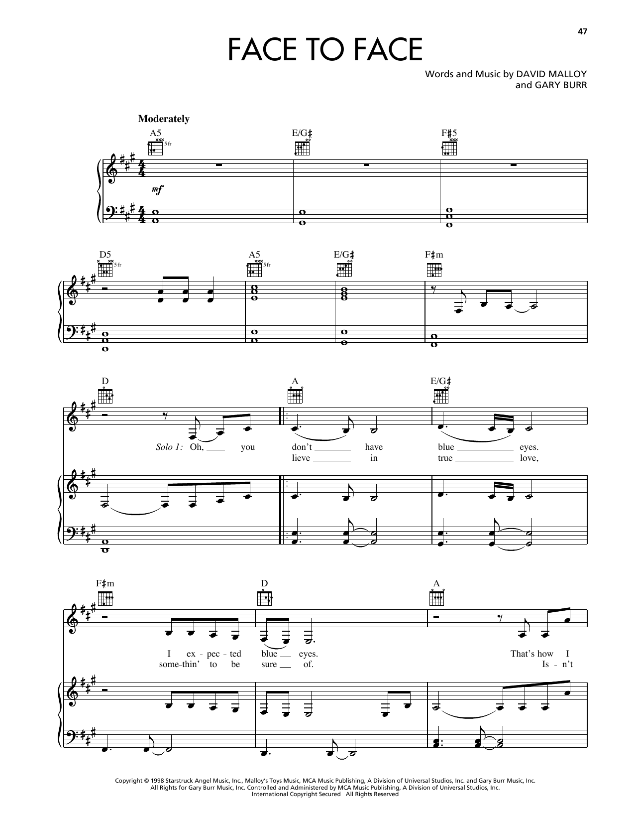 Reba McEntire Face To Face sheet music notes and chords arranged for Piano, Vocal & Guitar Chords (Right-Hand Melody)