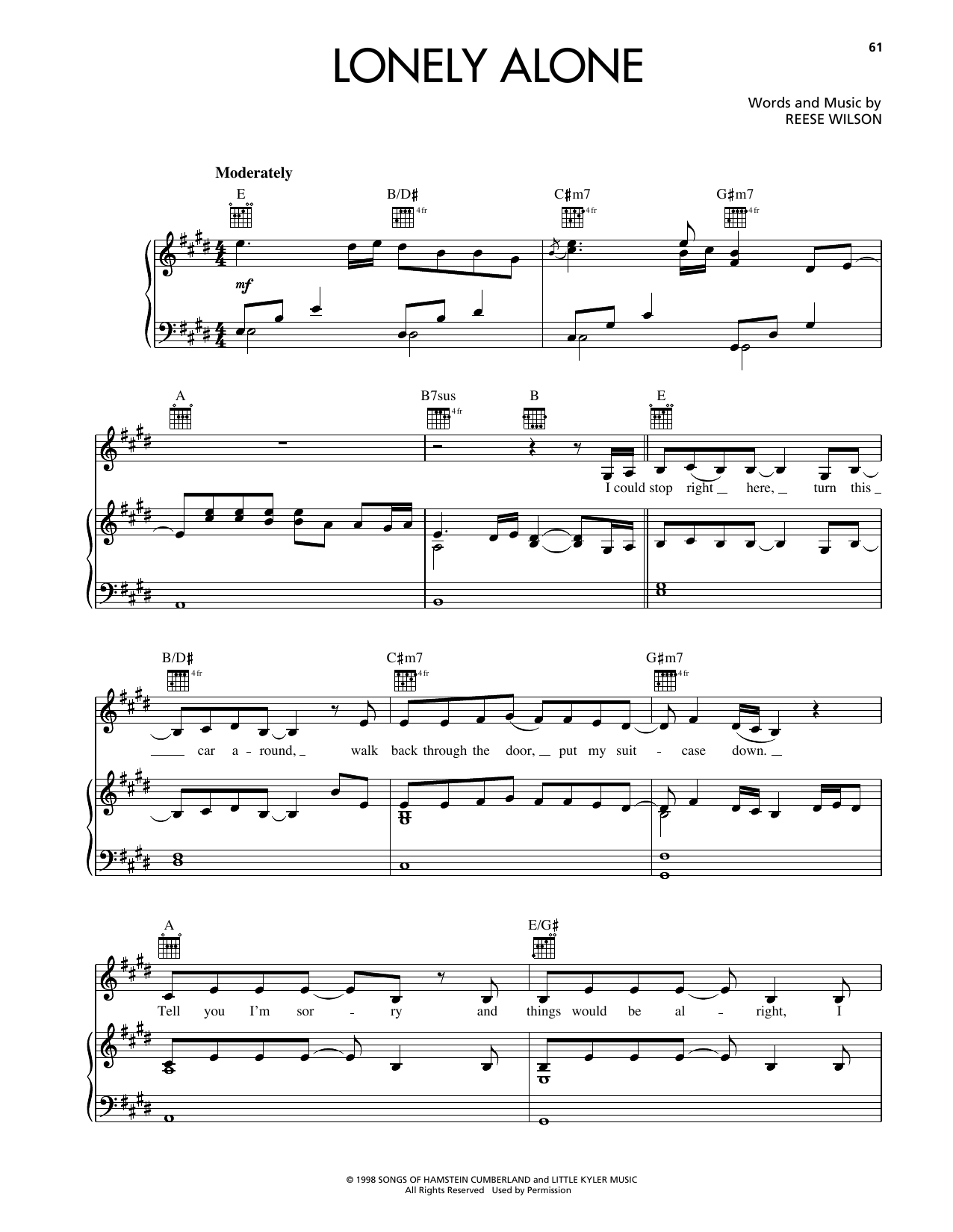 Learn to play Reba McEntire Lonely Alone sheet music for Piano, Vocal & Guitar Chords (Right-Hand Melody) in minutes. Price: 7.8900$ Reba McEntire Lonely Alone sheet music notes and chords arranged for Piano, Vocal & Guitar Chords (Right-Hand Melody)