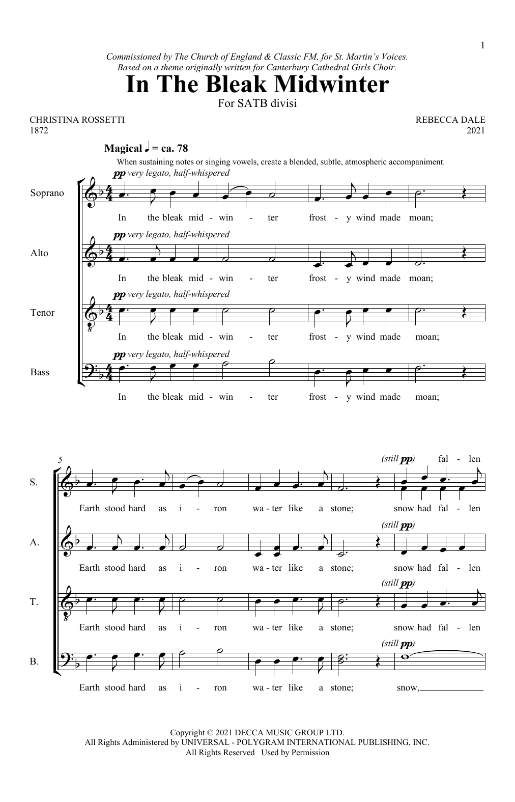 Rebecca Dale In The Bleak Midwinter sheet music notes and chords. Download Printable PDF.