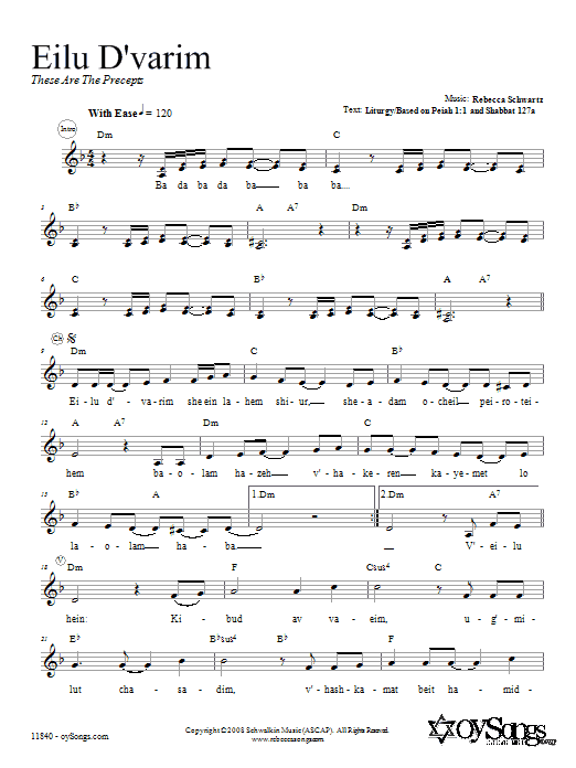 Learn to play Rebecca Schwartz Eilu D'varim sheet music for Lead Sheet / Fake Book in minutes. Price: 5.9900$ Rebecca Schwartz Eilu D'varim sheet music notes and chords arranged for Lead Sheet / Fake Book