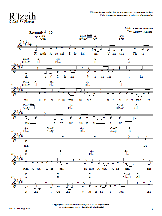 Rebecca Schwartz R'tzeih sheet music notes and chords arranged for Lead Sheet / Fake Book